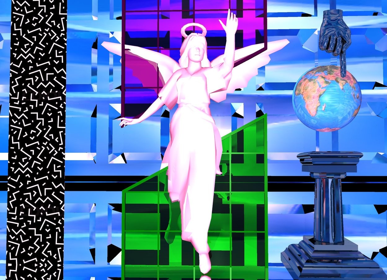 Input text: A white angel. First light green window is -1 foot behind angel and 1.5 inch in ground.  Second purple window is -1.2 foot behind angel and 3.5 feet above ground. Second window is upside down. The 8  foot tall silver waffle is 50 feet behind angel. Waffle is facing up. Ground is silver. Sky is 5000 foot wide [texture]. 1.5 foot wide and 10  foot tall wall is 1.5 foot left of first window. Wall is 0.1 inch deep. Wall is 3  foot wide  [p1].  Ambient light is hot pink. A 3 foot tall and 2 foot wide shiny black pillar is 0.5 foot right of first window. 1.7 foot tall 20% reflective globe is 0.5 foot above pillar. Globe is facing north. Big shiny black hand is -0.5  feet above globe. Hand is upside down. Hand is -1 inch in front of globe.