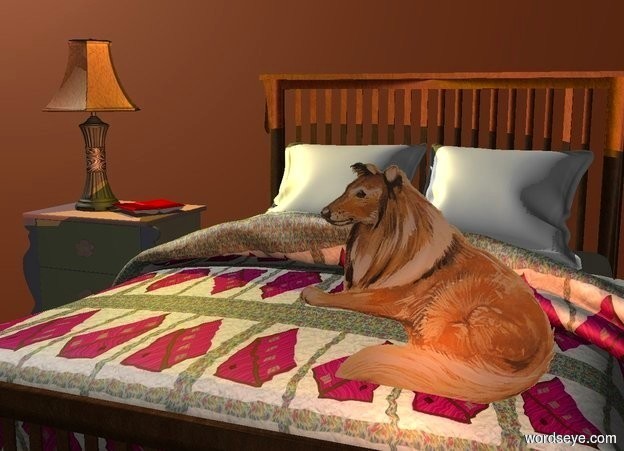 Input text: The  sienna  backdrop. A bed. The bed's blanket is  2 foot wide [scene]. its pillow is white. a 2 foot deep and 3 foot wide nightstand is left of and -2 feet behind the bed. a lamp is on and -2 foot left of the nightstand. a gold light is -1.4 foot above and -.3 foot right of the lamp. a book is -.5 foot right of the lamp. it faces the bed. it leans 90 degrees to the front. a 2 foot tall dog is -2.8 feet above and -1 foot in front of and -3.5 feet right of the bed. camera light is dim. a sienna light is in front of the dog.