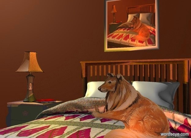 Input text:  a sienna backdrop. The  [scene]  painting is .5 foot above and -.2 foot behind a bed. the bed's blanket is  quilt. its pillow is white. a 2 foot deep and 3 foot wide nightstand is left of and -2 feet behind the bed. a lamp is on and -2 foot left of the nightstand. a gold light is -1.4 foot above and -.3 foot right of the lamp. a book is -.5 foot right of the lamp. it faces the bed. it leans 90 degrees to the front. a 2 foot tall dog is -2.8 feet above and -1 foot in front of and -3.5 feet right of the bed. camera light is dim. a sienna light is in front of the dog.