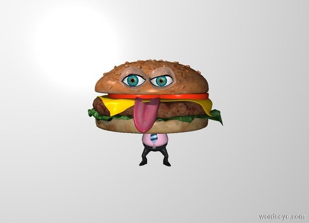 Input text: The white backdrop.
a 6 foot tall man.
a 5 foot tall hamburger is -3 foot above the man.
a 1st 1.5 foot tall eye is -1.3 foot in front of and -2.1 foot above and -5 foot left of the hamburger.
a 2nd 1.5 foot tall eye is -1.3 foot in front of and -2.1 foot above and -5 foot right of the hamburger.
the 12 inch tall tongue is -4 feet above the eyes.
it is -1.2 feet in front of the eyes.
it is leaning forward.