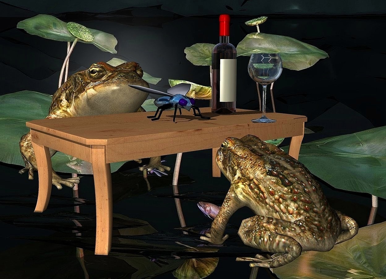 Input text: a  table.a 1st 20 inch tall frog is in front of the table.the 1st frog is facing the table.a 2nd 35 inch tall frog is behind the table.a frog backdrop.a 8 inch tall shiny petrol blue fly is on the table.a 25 inch tall wine bottle is 5 inch right of the fly.a 15 inch tall wine glass is 7 inch  in front of the fly.the wine glass is -12 inch right of the wine bottle.