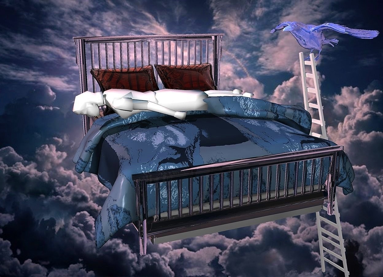 Input text: a  [cloud] backdrop.a 100 inch tall clear white bed.the blanket of the bed is 70 inch wide [to].the pillow of the bed is clear.the mattress of the bed is clear.sun is  	pink.a 120 inch tall white woman is -50 inch above the bed.the woman is facing west.the woman leans 87 degrees to the front.the woman is -125 inch left of the bed.a 200 inch tall shiny steel ladder is right of the bed.the ladder is facing the bed.the ladder is -210 inch above the bed.a 34 inch tall shiny  night blue crow is -15 inch above the ladder.the crow is facing the bed.the crow is -98 inch in front of the ladder.the crow leans 10 degrees to the front.a petrol blue light is 5 inch above the crow.