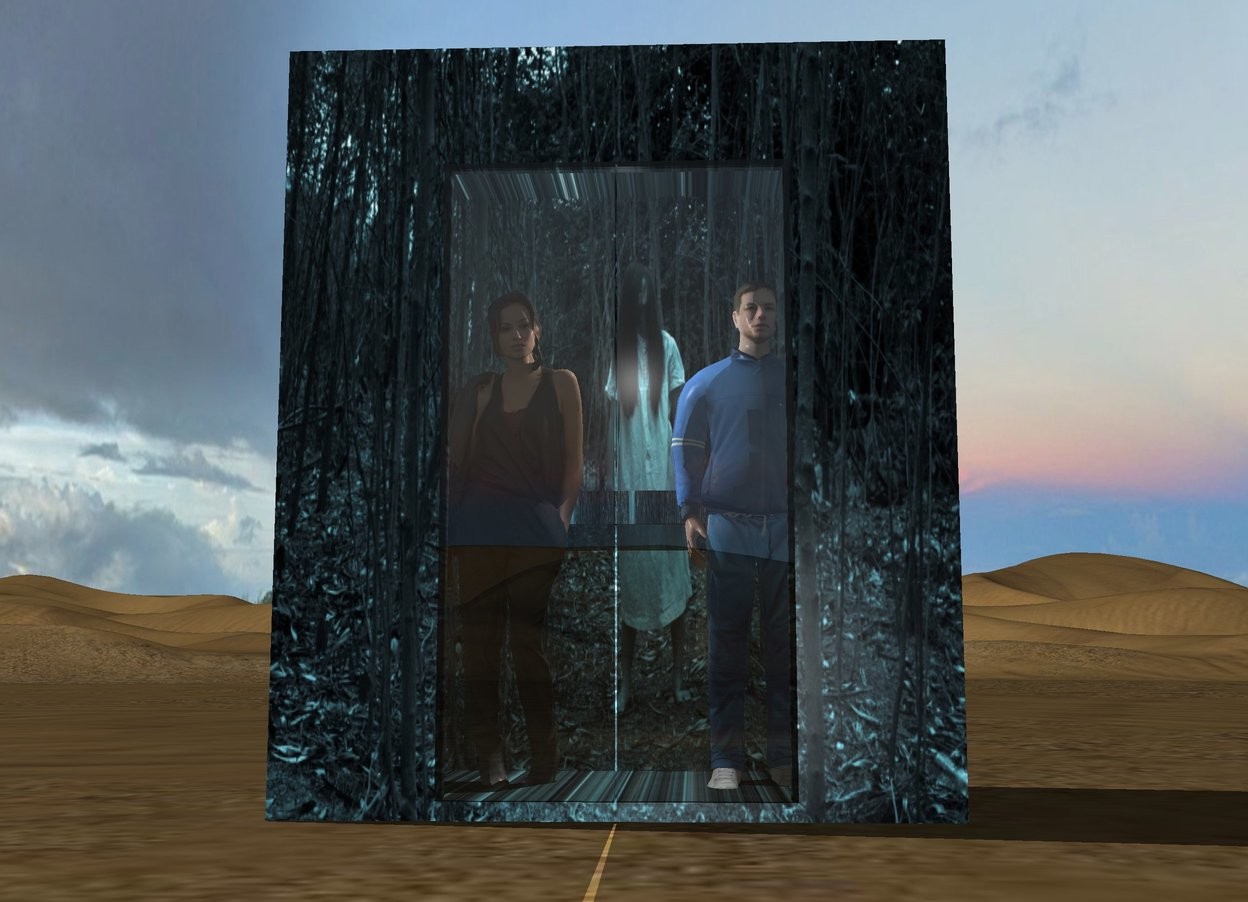Input text: The [horror] elevator. the door of the elevator is clear. the light is 3 feet in the elevator. the woman is 8 feet in the elevator. she is -3 feet to the left of the elevator. the man is 1 feet to the right of the woman.
. 