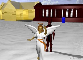 The  [scene]  backdrop. Devil is 4 feet behind the angel. Ground is snow. Small Dark Red Temple is 60 feet behind the devil. Small golden Church to the left of the temple. The Blue Barrel is 5 feet in front of temple.