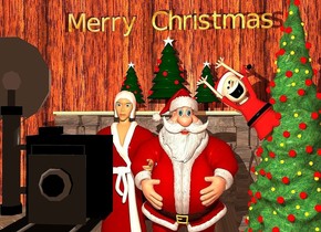 a santa claus. a 5 foot tall woman is -.85 foot left of and -1.7 foot behind the santa claus. her robe is maroon. her trim is white. her hair is white. a large [brick] fireplace is behind and -4 feet right of them. a very huge wall is behind the fireplace. the wall is 5 foot tall [wood]. a large camera is 6.2 feet in front of and -2 foot above and -2.5 foot left of the woman. a 1st 3 foot tall christmas tree is on the fireplace. a 2nd 2 foot tall christmas tree is right of the 1st christmas tree. a 3rd 2 foot tall christmas tree is left of the 1st christmas tree. a 4th christmas tree is right of the santa claus. an elf is -5 feet above and -2 foot left of the tree. the elf leans 45 degrees to the right. camera light is black. a linen light is behind and -.5 foot right of and -.3 foot above the camera. ambient light is dim beige rose. a small gold "Merry Christmas" is above the first christmas tree.