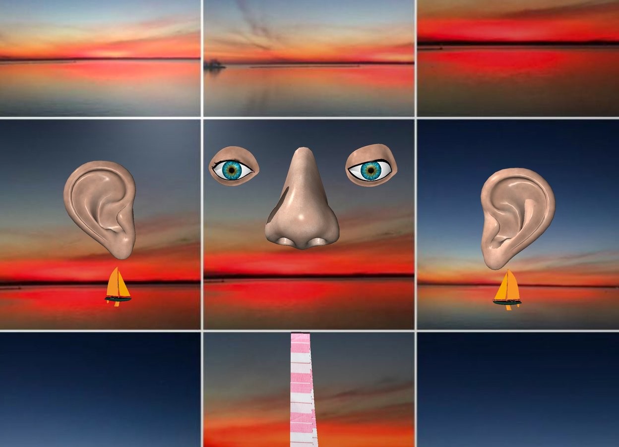 Input text: the [skylips] backdrop. the nose. the 1st small eye is  -1 inch above and to the right of the nose. the 2nd small eye is -1 inch above and to the left of the nose. the small bow tie is -1.38 feet above and .5 inches to the right of the 2nd eye. the 1st ear is 5 inches to the right and -3 inches above the 2nd eye. the 2nd ear is 8 inches to the left of the 1st ear. the [striped] texture is on the bow tie. the texture is 2 inches tall.

the 1st boat is -3.5 inches above the 1st ear. it is 1 inch tall. it is facing left. a 2nd boat is 8.5 inches to the left of and -1.2 inches above the 1st boat. the 2nd boat is 1 inch tall. it is facing right.