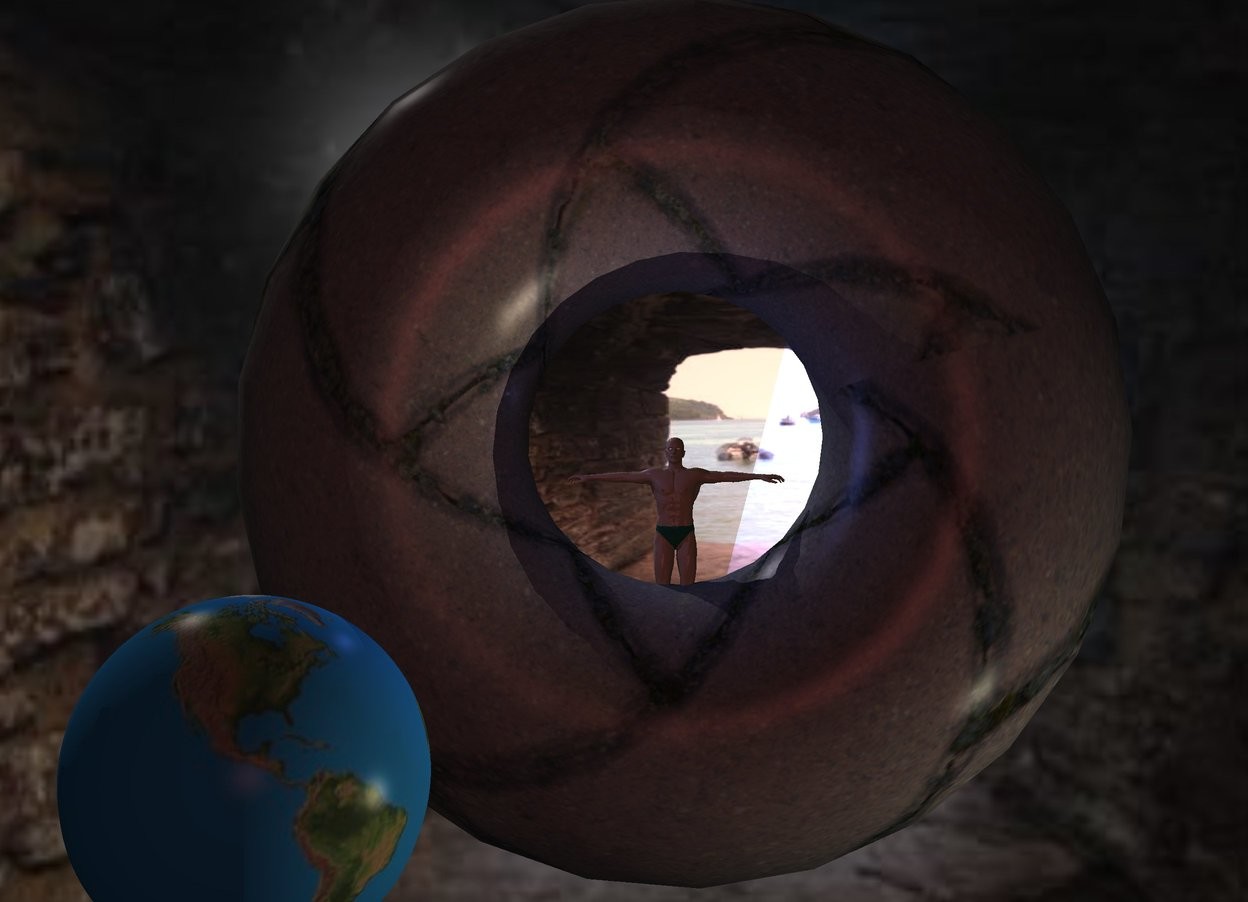 Input text: 15 feet high image-12321 wall is 35 feet behind a 4 feet high 40% dark stone donut. The donut is leaning 90 degrees to the back.  image-12321 backdrop. The azimuth of the sun is 320 degrees. Camera light is brown. A cream light is 4 inch in front of and right of and below the donut. A large 50% dark earth is in front of and -3.5 feet left of the donut. A small man is -9 feet above the donut. A sea blue light is left of and above and in front of the man.