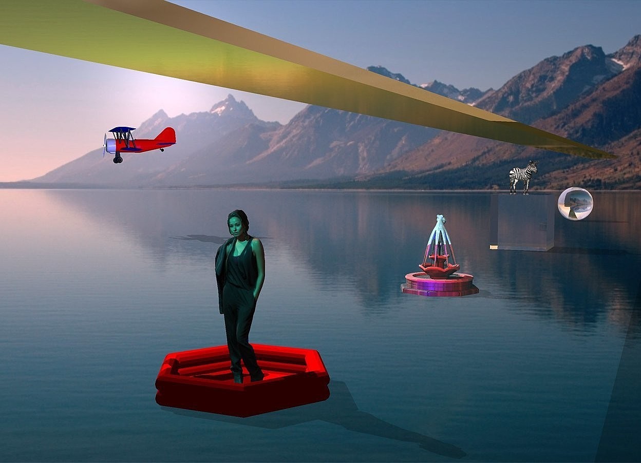 Input text: a park backdrop. a large woman is 40 feet in front of the 9 foot tall fountain.  she is in the large  raft.


 the enormous glass cube is 48 feet behind the fountain. 

the enormous glass sphere is 80 feet behind the cube.

the zebra is on the cube. it is facing southeast.

An airplane is 70 feet left of the zebra. it is facing southwest. it is above the zebra.

A gold slab is 10 feet above the cube. it is 400 feet deep and 10 feet wide. it is 1 foot tall.


a red light is above the woman. a blue light is in front of the fountain.  the camera light is black. a cyan light is 3 feet in front of the woman. it is above the woman. the sun is  pink.

the 20% dark shadow plane.