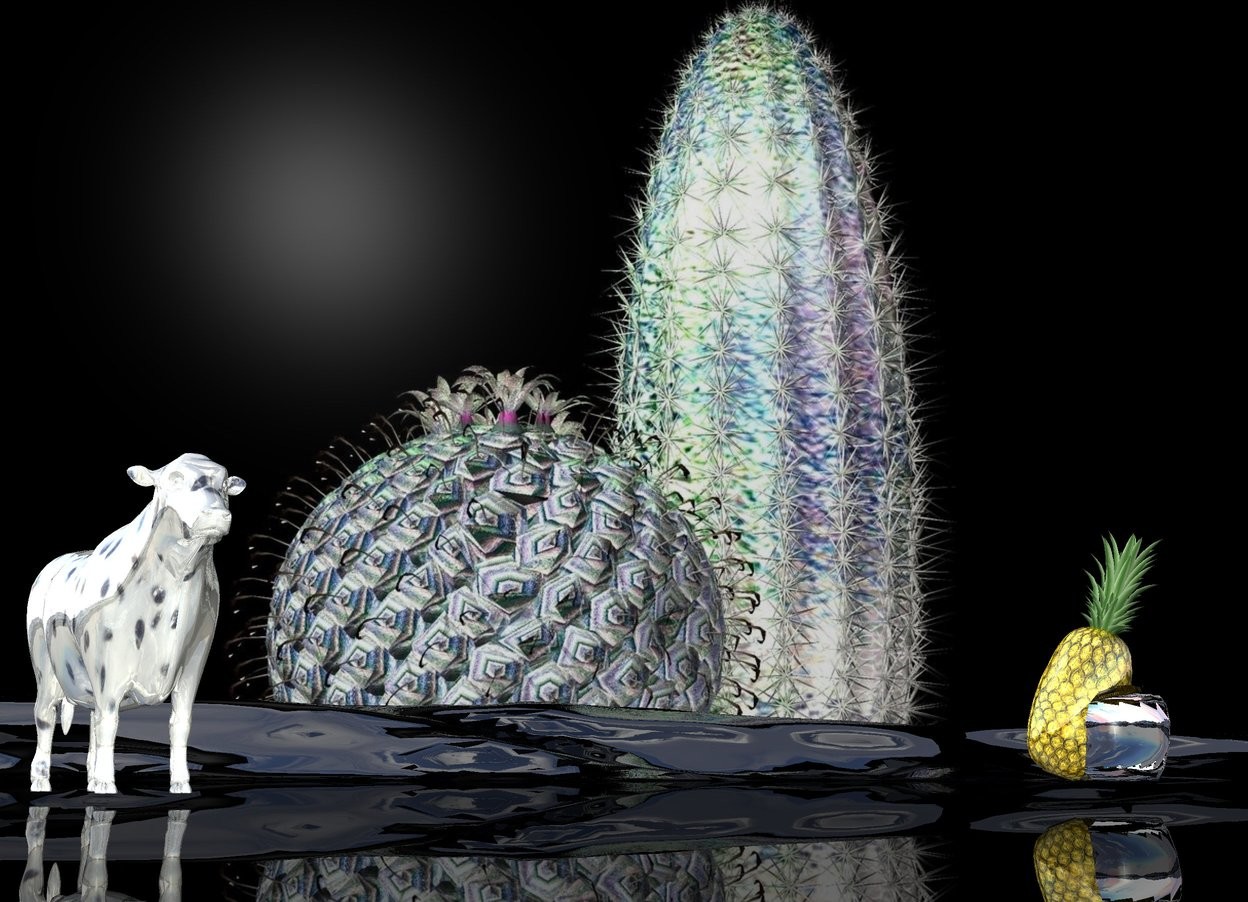 Input text: Cactus backdrop. Black shiny ground is 50 feet high. A gold pineapple is -6 inch left of a silver apple. It is leaning left. A tiny shiny cactus cow is 2.5 foot left of and in front of the apple. It is facing southeast. Camera light is beige.