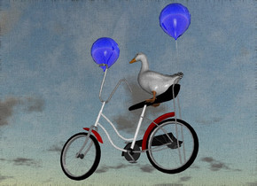 the giant duck is -3 feet above and -4.5 feet behind the big bike. the ground is sand. the ground is shiny. the 1st big balloon is -4.5 feet in front of and -3 feet above the bike. the 2nd big balloon is -2 feet behind and -2 feet above the bike. the bike is 3 feet above the ground. the balloons are shiny. 