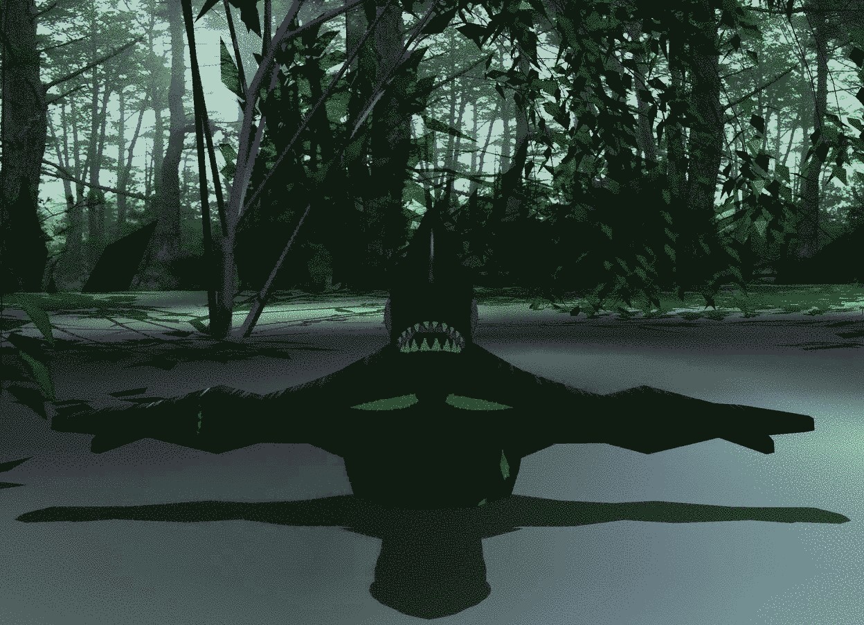 Input text: a 10 foot tall [horror] bigfoot is -6 feet above the ground. ground is [swamp].the bigfoot's chest is black. it is night. ambient light is jade green. camera light is black.  a invisible gigantic fish is 5 feet to the left of and 30 feet behind and -8 feet above the bigfoot. it faces the bigfoot. the bigfoot's hand is black. a very huge wall is behind the fish. it faces the bigfoot. it is 30 foot tall [forest]. camera light is black. a very huge dull piranha is -3 feet above and -6.5 feet in front of the bigfoot. a weeping willow is -5 foot behind the bigfoot. it is 7 foot in the ground. a ghost white light is 10 feet in front of and above the weeping willow.