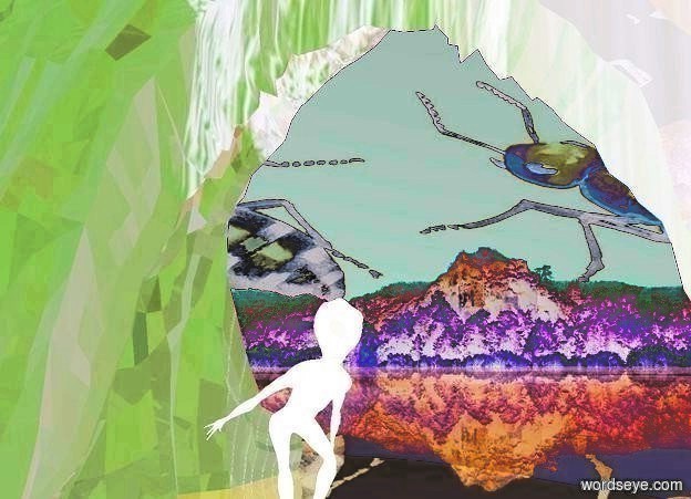 Input text: a huge dull [forest] diaper is upside down. it faces southwest. it is .5 foot in the ground. ground is shiny 500 foot wide [rock]. sky is 1370 foot wide [insect]. sun is oyster gray. camera light is dim swimming pool blue. background is forest. a .5 foot tall alien is -1.8 feet above the diaper. the alien faces left. a purple light is above the alien. the sky leans 5 degrees to the front.