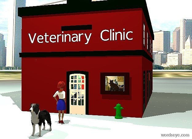 Input text: a 20 foot tall 30% dark building. a 1st dog is 8 feet in front of the building. a 5 foot tall woman is 2 feet behind the dog. she faces back. a green fire hydrant is in front of and -4 feet to the right of the building. a white "Veterinary Clinic" is -.5 foot in front of and -10 feet above the building. background is city. a 3 foot tall and 4 foot wide flat window is in front of and -6 feet to the right of the building. it is 1 foot above the fire hydrant. window's pane is silver. a 2.5 foot wide and 2 foot tall flat [room] cube is in front of and -2.5 foot above the window. a small 20% dark cat is in front of and -2 feet above the cube. 3 lemon lights are -11 feet above the building. a 1st white bench is -20 feet above the building. a 2nd white bench is to the left of the 1st bench. a 2nd dog is in front of the 2nd bench. the dog faces right. a person is behind the 2nd bench. camera light is black.ambient light is cream. ground is [city]. a linen light is 20 feet above the 1st dog.