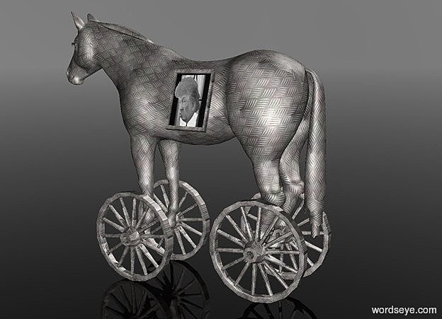 Input text: a 100 inch tall  horse.the horse is 15 inch wide [steel].a 1st 40 inch tall [steel] wheel is -118 inch above the horse.the 1st wheel is -70 inch in front of the horse.the 1st wheel is -10 inch left of the horse.a 2nd 40 inch tall [steel] wheel is 19 inch right of the 1st wheel.a 3rd 40 inch tall [steel] wheel is 20 inch behind the 2nd wheel.the 3rd wheel is -114 inch above the horse.a 4th 40 inch tall [steel] wheel is 15 inch left of the 3rd wheel.sky is gray.ground is clear.a 1 inch tall  and 18 inch wide picture frame is -50 inch above the horse.the picture frame is facing east.the picture frame is  window.the  frame of the picture frame is [steel].the picture frame is -11.5 inch right of the horse.the picture frame is -90 inch in front of the horse.the picture frame leans 6.5 degrees to the front.a 17 inch tall gray head is -20 inch above the picture frame.the head is -15 inch  in front of the picture frame.the head is right of the horse.