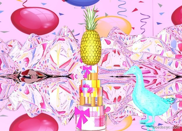 Input text: a big dull pineapple is on a [party] cake. sky is 1500 foot wide [confetti]. ground is silver. big gold light is 20 feet above the pineapple. ground is 100 feet tall.ambient light is pink. sun is mauve. a large shiny cyan duck is behind and right of the cake. it faces the cake.