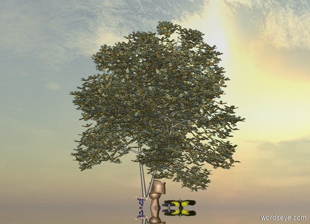 Input text: A large house plant is in a large wooden bowl. To the left of the wooden bowl is a small man. On the right of the wooden bowl there are 3 yellow birds. The ground is clear.
