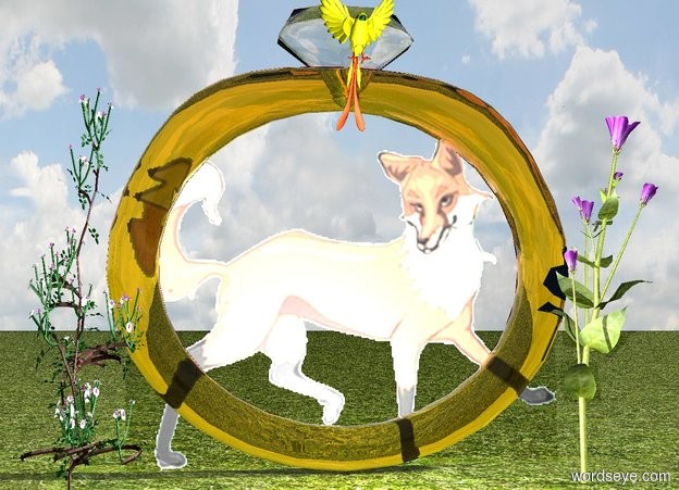 Input text: There is a fox.

There is a yellow bird in the fox.
The bird is facing north.

There is a clear ring behind the fox. The ring is 4 feet wide and 4 feet tall and 6 inches deep. 

The bird is behind the ring.
 
The ground is grass.
There is a light behind the ring.

There is a flower fourteen inches to the left of the bird. The flower is on the ground.
The flower is 3 feet tall and one foot wide and one foot deep.

There is a flower fourteen inches to the right of the bird. The flower is on the ground.
The flower is 3 feet tall and one foot wide and one foot deep.

