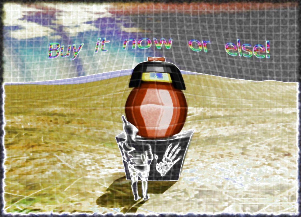 Input text: The large [paint] cube is on the dirt mountain range.  

The huge toy is on the [paint] cube.

The small rainbow "Buy it now or else!" is  a few inches above the toy. 

The toy is facing a short Basotho human.

"Buy it now or else!" is facing the human.


The human  is a few feet to the right of the  [paint] cube.

The human is facing the cube. 

The [paint] cube is a few feet to the left of the human.

