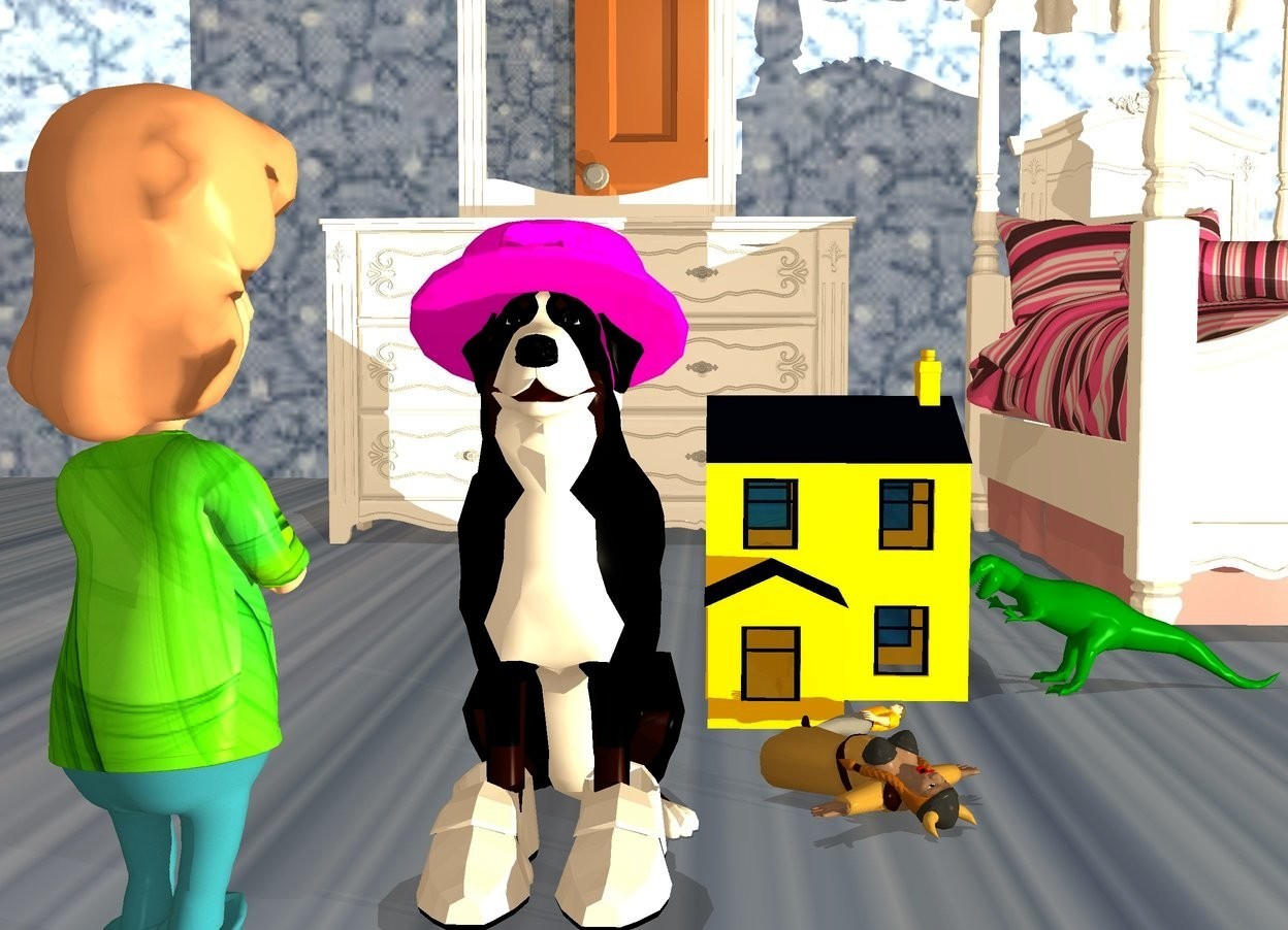 Input text: a fuchsia hat is -.6 foot above and -1 foot in front of a dog. it leans 15 degrees to the front. a pair is -1 foot in front of and -1 foot to the right of the dog. a 2.6 foot tall boy is .1 foot in front of and to the left of the pair. he faces the dog. a camel head of hair is -.9 foot above the boy. the head of hair faces the dog. the boy's shirt is [pattern]. a 1st 2 foot tall house is behind and to the right of the dog. the house faces back. ground is [grass]. a .8 foot tall person is in front of the house. the person faces southwest. the person leans 90 degrees to the back. a .9 foot tall woman is in front of the person. she faces northwest. she leans 90 degrees to the back. it is noon. a 2nd big house is -2 feet above the 1st house. the house's wall is forget me not blue [pattern]. a bed is 1 foot to the right of and behind the 1st house. a large dresser is 1 foot to the left of and -2 feet behind the bed. a .8 foot tall green dinosaur is  right of the house. it faces the house. ambient light is tan. camera light is dim. a dim beige light is 10 feet above the dog. a lemon chiffon light is 10 feet to the right of and 5 feet in front of the dog. a large door is 10 feet in front of the dog.