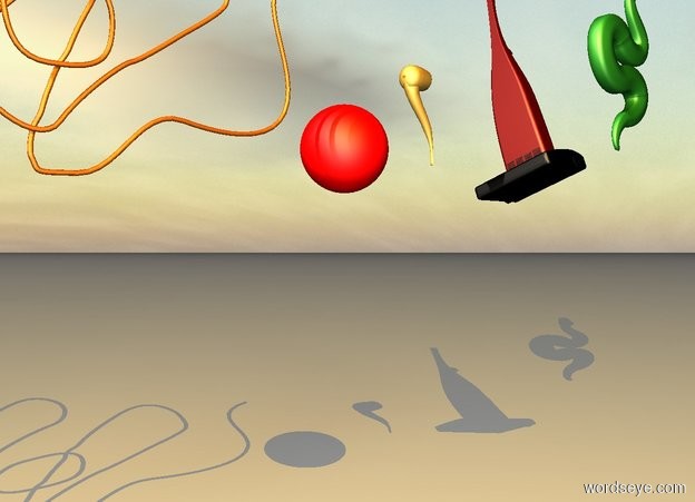 Input text: The rope is 5 feet above the ground. It is face up. The red ball is 3 inches to the right of the rope. The large pipe is 6 inches to the right of the ball. It is 5 inches above the bottom of the ball. It is leaning 90 degrees to the left. The upright vacuum cleaner is  2 feet to the right of the ball. It is facing left. It is leaning 20 degrees to the right. The snake is 2 foot  to the right of the upright vacuum cleaner. It is face up. It is facing back. It is 6 feet above the ground. The orange light is 6 feet above and 8 feet in front of the ball. It is 6 feet to the left of the ball.