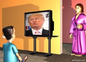 a tv is on a table. the tv's screen is [trump]. a 3 foot tall boy is 2 feet in front of the table. he faces the tv. a 1st 70% linen wall is behind and -3 feet left of the table. a 2nd large 70% raspberry rose wall is 10 feet behind and -8 feet right of 1st wall. ground is 5 foot wide carpet. a woman is right of 1st wall. she faces the boy. ground is matte. a camel light is 5 feet right of and -1 foot above the boy.