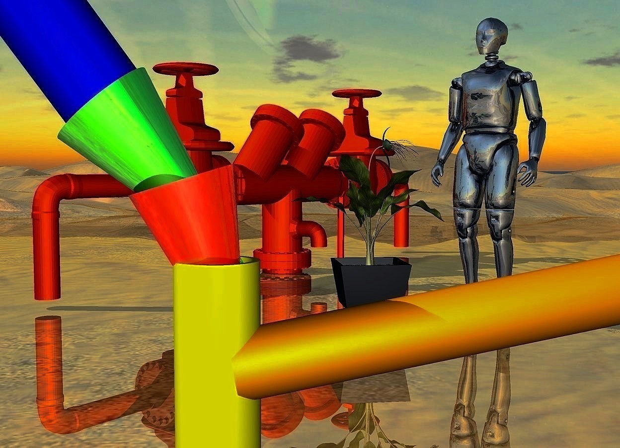 Input text: a 1st 100 inch tall yellow tube.a 1st 12 inch tall upside down shiny red cone is -8 inch above the 1st tube.the 1st cone leans 17 degrees to east.a 2nd 12 inch tall upside down shiny green cone is -8 inch above the 1st cone.the 2nd cone leans 40 degrees to east.the 2nd cone is -13 inch right of the 1st cone.a 2nd 100 inch tall blue tube is -4 inch above the 2nd cone.the 2nd tube leans 35.5 degrees to east.the 2nd tube is -69.5 inch right of the 2nd cone.a 3rd 100 inch tall and 4 inch wide orange tube is -5 inch behind the 1st tube.the 3rd tube leans 80 degrees to east.the 3rd tube is facing north.the 3rd tube is -2 inch right of the 1st tube.the 3rd tube is -8 inch above the 1st tube.a 200 inch tall rust compound object is 500 inch behind the 3rd tube on the ground.the compound object is facing southeast.ground is shiny.a 210 inch tall shiny 10% dim delft blue crash dummy is in front of the compound object.the crash dummy is -140 inch right of the compound object.the crash dummy is facing southwest.a 120 inch tall green bat flower is left of the crash dummy.the bat flower is 15 inch above the ground.