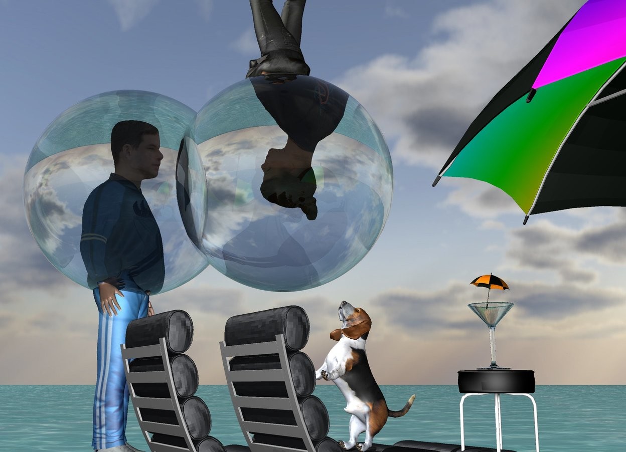 Input text: The first huge glass sphere is 3 feet in the man. The man is facing right. A 2nd huge glass sphere is -1 feet to the right of the 1st sphere. The woman is -2.5 feet above the second sphere. She is upside down. She is facing left. The ground is water. The 1st small chair is 3 feet in front and 2.5 feet to the right of the man. of the man. It is facing northeast. A 2nd small chair is -2 feet to the right of the 1st chair. It is facing northeast.
The small stool is -1 foot to the right of the 2nd chair. The glass is on the stool.

The large rainbow umbrella is -1 feet to the right of the stool. The very tiny umbrella is 1 inch in the glass. It is leaning 10 degrees to the left.

the small dog is on the 2nd chair.  it is leaning 60 degrees to the back. it is facing southwest.