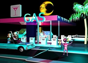 it is night. there is a gas station. a large cyan light is in front of the gas station. the roof of the gas station is reflective hot pink. the island of the gas station is reflective water. a large reflective cyan "GAS" is in front of the gas station. the "GAS" is 9 feet above the ground. a small reflective palm tree is to the right of the gas station. a 1st road is in front of the gas station. a marble is 25 feet in front of the palm tree. the 1st road is facing the marble. a reflective cyan car is on the 1st road. a 2nd road is 0.1 centimeters to the right of the 1st road. the 2ns road is facing the 1st road. a 1st man is 2 feet in the car. the 1st man is facing the marble. a 2nd man is behind the 1st man. the 2nd man is facing the marble. a large hot pink reflective sign is behind the car. the sign is 10.5 feet above the ground. the sign is facing the 1st man. a reflective pool is behind the palm tree. the water of the pool is water. the pool is 2 feet in the ground. a large cyan light is above the pool. a very large reflective moon is 3 feet above the gas station. the moon is facing the palm tree. a gold light is above the moon. a reflective hot pink alien is 8 feet to the right of the car. a large hot pink light is above the alien. 
a reflective cyan building is 10 feet to the left of the pool. the roof of the building is reflective hot pink water. a hot pink light is in front of the sign.