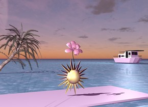 The very large pink flower is 4 inches in the star .
The star is on a large white carpet.
The ground is water.
It is afternoon.
.
The small tree is 30 feet behind the star .
A boat is 100 feet behind the star.
The boat is 100 feet to the right of the tree.
The ambient light is purple.
The light is two feet above the boat.



