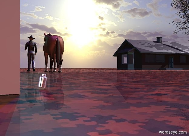 Input text: A first silver bottle. A wall is behind the bottle. The ground is [pattern]. It is 60% dark. A dark building is 50 feet in front of and 50 feet left of the bottle. A large building is left of and -15 feet behind the building. It is facing northeast. A horse is 22 feet in front of and 15 feet left of the bottle. A dark man is 1 foot in front of and right of the horse. A brown light is 50 feet in front of and 300 feet above the bottle. A navy light is 50 feet above the horse. Camera light is brown. A light is 7 inch above the building. A clear wall is in front of the bottle. A second silver bottle is 7 inches to the left of the wall. It is leaning 10 degrees to the right. A dim green light is on the man. A dim cyan light is on the man. A black tree is -5 foot in front of the building. It is leaning 10 degrees to the front. An orange light is in front of and left of the tree. The sun is silver.