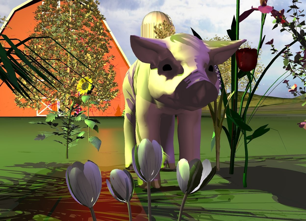 Input text: The pink pig is 20 feet in front of 5 tiny trees. The small barn is behind the trees. 5 flowers are to the right of the pig. 4 flowers are to the left of the pig. The ground is grass. A chartreuse light is 3 feet above and 4 feet to the left of the pig. A mauve light is 4 feet above and 3 feet to the right of the pig. The camera light is black. The dark pink light is 2 feet in front of the pig. The red light is 7 feet behind the pig.