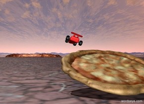 pizza tilted 90 degrees. cartoon object faces east. cartoon object tilted 90 degrees. cartoon object is 2 feet east of pizza. cartoon object is 1 feet in the air