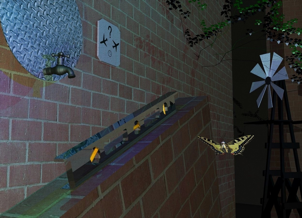 Input text: A shiny black level is -1.4 foot above a 60% dark brick wall. It is leaning left. The wall is leaning left. A long glass building is 15 feet left of the wall. A huge 70% dark brick wall is 2 feet in front of the wall. A huge 90% dark brick wall is -20 feet left of the building. A navy light is on the level. A malachite green light is right of the level. A 15 feet high black building is right of the wall. It is facing southeast. A faucet is 2 inch above and 1.2 foot in front of and -2 feet right of the level. It is facing east. A dim cyan light is above and right of the faucet. A 70% dark [metal] circle is in front of the faucet. It is leaning 90 degrees to the back. A small 50% dark sign is 2 feet left of and 5 inch above and 4.5 inch in front of the faucet. It is facing north. A dark plant is 4 feet left of and above the sign. It is leaning back. It is facing east. A black plant is 3 feet left of and above and 2 feet in front of the sign. It is leaning back. It is facing west. A black plant is 2 feet left of the sign. It is leaning back. It is facing east. A dim cyan light is behind and 2 feet above the plant. A large butterfly is 2.5 feet behind and -3.3 feet above and 4 inch right of the sign. It is facing east. It is leaning 30 degrees to the back.