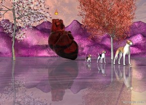 purple ground. the sky. 9 foot wide copper glass internal organ is on the ground behind the hounds. the hound is 27 foot south of the internal organ. the 2nd hound 3 foot behind the hound. the 3rd hound is 3 foot behind the hound.bronze green lights are above the ground. big plum tree next to the internal organ. red maple tree on the right side of internal organ. big flame is 1 foot above the internal organ. the big flame is -3 foot left of the internal organ. 