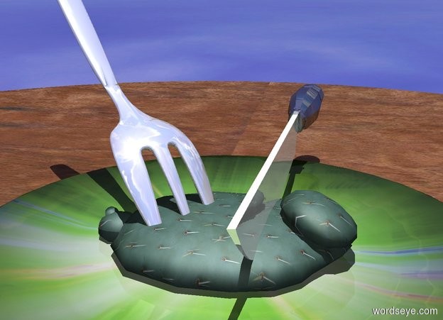 Input text: a dull [abstract] plate. a very small cactus is -.075 foot above the plate. cactus is .2 foot wide [texture]. it faces right. it leans 90 degrees to the back. a shiny fork is -.1 foot above and -.3 foot left of and -.8 foot in front of the cactus. the fork faces southeast. it leans 145 degrees to the back. a shiny knife is right of the fork. it faces right. ground is 2 foot wide wood. ground is 4 feet wide and 4 feet deep. it is noon. camera light is dim.
