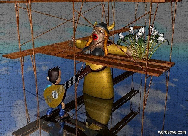Input text: a 100 inch tall and 200 inch deep and 100 inch wide wood scaffolding.ground is shiny black .a 50 inch tall woman is -100 inch above the scaffolding.the woman is -50 inch in front of the scaffolding.a 20 inch tall flower is -10 inch right of the woman.the flower is -20 inch above the woman.a 30 inch tall man is 25 inch in front of the woman.the man is facing the woman.a 35 inch tall mandolin is in front of the man.the mandolin leans 50 degrees to west.the mandolin is -20 inch above the man.the mandolin is -40 inch left of the man.the sound hole of the mandolin is white.the string of the mandolin is silver.