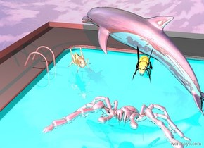 There is a pool. The water of the pool is shiny cyan. A 1 foot tall shiny spider is 1 foot in the pool. The spider leans 30 degrees to the back. A 1 foot tall shiny grasshopper is 2 feet behind and 1 inch to the left of the spider. The grasshopper is facing the spider. A  shiny dolphin is behind the spider. The dolphin is facing the grasshopper. A 1 foot tall shiny bug is above the spider. The ground is silver. A red light is above the spider.