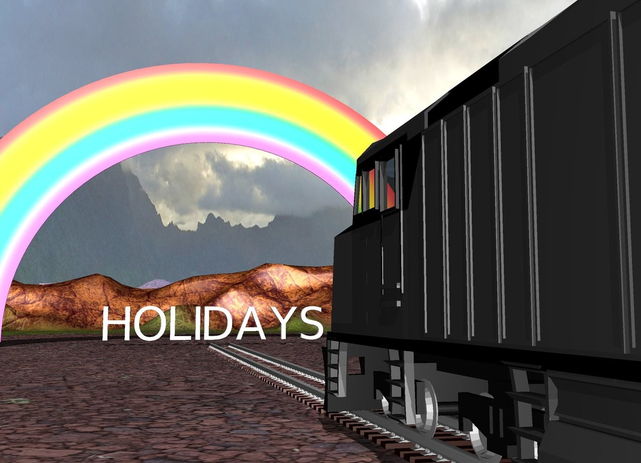 Input text: There are 10 railroad tracks facing right.
On the railroad track is a train. 100 feet right of the train is a rainbow facing left.
100 feet right of the train is a huge flying "HOLIDAYS" facing left.