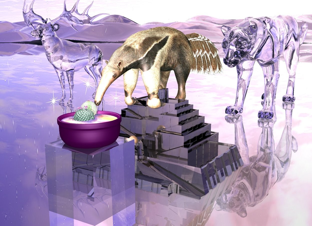 Input text: Ambient light is dark honeydew. The ground is clear. An anteater is -6 inch above a ziggurat and -3.2  feet to the back. Anteater is -2.5 feet to the right. Ziggurat is 2 feet tall. ziggurat is shiny black.   1.5 foot tall clear block is 0.8 foot in front of ziggurat and -1.5 foot to right. Large purple bowl is -1 inch above block. 0.9  foot wide circle is 1 inch in bowl. circle is 1 foot wide [texture]. pink light is 1 inch in the circle. Light is facing up. 0.3 foot tall first cactus is 0.8 inch in the circle and -4 inch to left. 0.3 foot tall second cactus is -1 inch in front of first cactus and -6 inch to left. cactus is 1.2 inch in circle. First 0.35 foot tall christmas ornament is 2 inch above circle and -1 inch to right. First christmas ornament is leaning southwest. Second 0.4 foot tall christmas ornament is -6 inch in front of circle and 1 inch to left. Second christmas ornament is leaning northeast. Third 0.4 foot tall christmas ornament is 3 inch above circle and -2 inch to back. Third christmas ornament is -5 inch to left. Third christmas ornament is leaning 20 degrees to left. 

4 foot tall clear leopard is 3 foot behind ziggurat. 5 foot tall clear white caribou is 1.8 foot behind ziggurat and 4 foot to left.