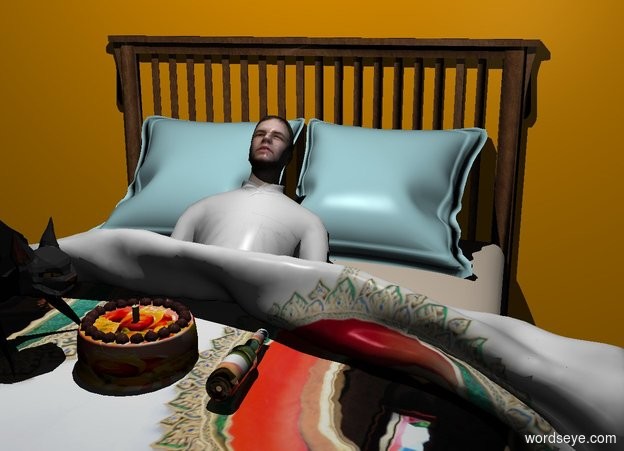 Input text: a flat orange wall.it is night.a bed is in front of the wall.a face up white man is -5.7 feet above the bed.the man is leaning 45 degrees to the south.the bed's pillow is powder blue.the bed's blanket is [window].a cake is -2.4 feet above the bed.it is -3 feet in front of the bed.a small candle is -2 inches above the cake.a face up bottle is 3 inches right of the cake.the bottle's label is [drink].the [drink] is 3 inches tall.a white light is 3 feet above the bed.a cat is left of the cake.it is facing the cake.the cake is [fruit].the camera light is dim.