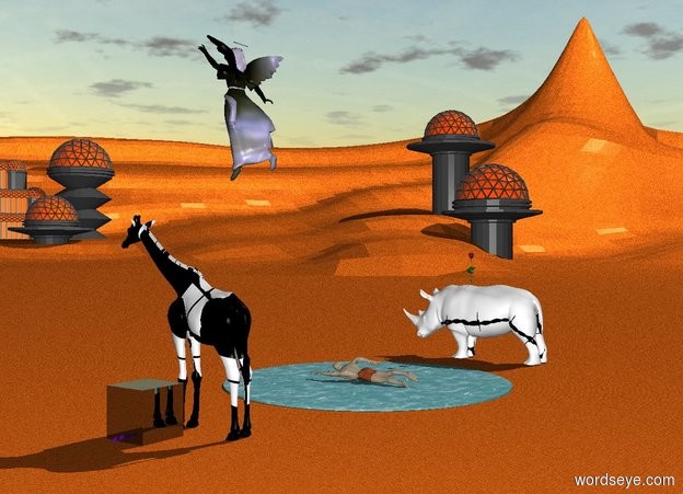 Input text: a huge shiny black cube is to the right of a texture giraffe. The ground is skin.
There is a large texture rhino 6 feet left of the pond.
Huge flowers blossom on top of the rhino's back.
There is a large texture angel in the sky.
A large swimmer inside a thought bubble in the pond.