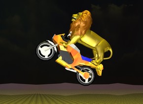 the lion is -50 inches above and -100 inches in front of the motorcycle. the motorcycle is 4 feet above the ground. the ground is texture. the motorcycle leans 30 degrees to the north. the lion leans 30 degrees to the north. the ground is shiny. the motorcycle is shiny. the motorcycle is [fire]. it is evening. the 30 feet tall yellow light is on the lion. the lion is gold