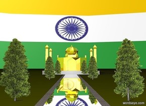 a gold taj mahal. a 1st 2000 foot deep and 20 foot wide silver path is in front of it. a 2nd 2000 foot deep [sidewalk] path is right of the 1st path. a 3rd 2000 foot deep [sidewalk] path is left of the 1st path. a 1st 25 foot tall tree is 3 feet left of the 3rd path. it is 5 feet in front of the taj mahal. a 2nd 25 foot tall tree is 100 feet in front of the 1st tree. a 3rd 25 foot tall  tree is 100 feet in front of the 2nd tree. a 4th 25 foot tall  tree is 3 feet right of the 2nd path. it is 5 feet in front of the taj mahal. a 5th 25 foot tall tree is 100 feet in front of the 4th tree. a 6th 25 foot tall tree is 100 feet in front of the 5th tree. sky is 1320 foot wide [india]. ground is [india].