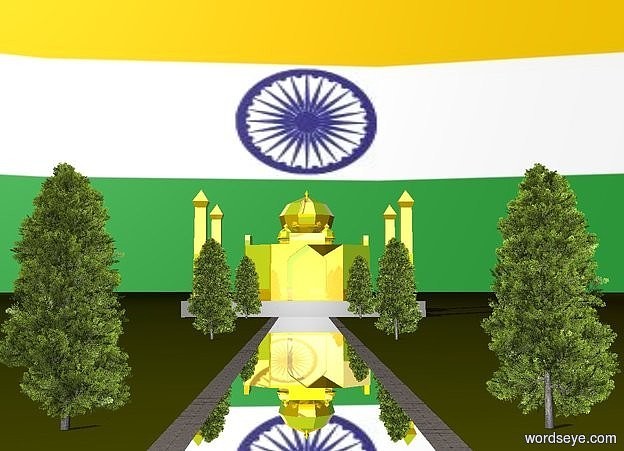 Input text: a gold taj mahal. a 1st 2000 foot deep and 20 foot wide silver path is in front of it. a 2nd 2000 foot deep [sidewalk] path is right of the 1st path. a 3rd 2000 foot deep [sidewalk] path is left of the 1st path. a 1st 25 foot tall tree is 3 feet left of the 3rd path. it is 5 feet in front of the taj mahal. a 2nd 25 foot tall tree is 100 feet in front of the 1st tree. a 3rd 25 foot tall  tree is 100 feet in front of the 2nd tree. a 4th 25 foot tall  tree is 3 feet right of the 2nd path. it is 5 feet in front of the taj mahal. a 5th 25 foot tall tree is 100 feet in front of the 4th tree. a 6th 25 foot tall tree is 100 feet in front of the 5th tree. sky is 1320 foot wide [india]. ground is [india].