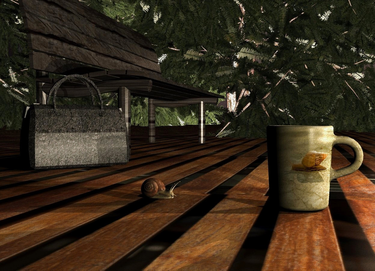 Input text: An [animal] cup. The altitude of the sun is 15 degrees. Camera light is black. 3 cream lights are behind the cup. It is evening. The ground is 3 feet wide [dry]. A dark [wood] bench is 2 feet left of and 1.5 foot in front of the cup. It is facing north. A snail is 6 inch in front of the cup. It is facing the cup. A dark shiny yew tree is left of the bench. It is -2 feet above the ground. A dark shiny yew tree is in front of the tree. A 50% dark yew tree is left of the tree. A 75% dark yew tree is left of the tree. A small [leather] bag is right of and -1.1 foot behind the bench. It is facing northeast. Ambient light is black.