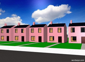 america backdrop. a 1st pink house is on a gigantic .1 foot tall green floor.. a 2nd pink house is 5 feet left of 1st house. a 3rd pink house is 5 feet left of 2nd house. a 4th pink house is 5 feet left of 3rd house. a 5th pink house is 5 feet left of 4th house. a 1st 50 foot deep concrete path is -1 foot in front of and -6 feet right of the 1st house. a 2nd 50 foot deep concrete path is -1 foot in front of and -6 feet right of the 2nd house. a 3rd 50 foot deep concrete path is -1 foot in front of and -6 feet right of the 3rd house. a 4th 50 foot deep concrete path is -1 foot in front of and -6 feet right of the 4th house. a 5th 50 foot deep concrete path is -1 foot in front of and -6 feet right of the 5th house. street is 500 feet deep and 100 feet wide. it faces right. it is -.5 foot in front of the 3rd path. a 1st lemon light is -5 feet in front of the 1st house. a 2nd lemon light is -5 feet in front of the 2nd house. a 3rd lemon light is -5 feet in front of the 3rd house. a 4th lemon light is -5 feet in front of the 4th house. a 5th lemon light is -5 feet in front of the 5th house.it is noon. sun is linen. camera light is pink.