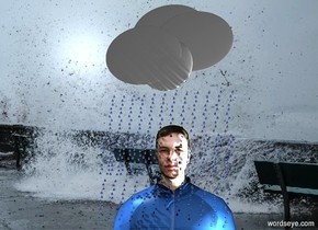 The  image  backdrop. a man.a giant dark grey cloud is 0.5 feet above the man.a 1st rain is beneath the cloud.a 2nd rain is beneath the 1st rain.a 3rd rain is in front of the 2nd rain.a 4th rain is beneath the 3rd rain.storm backdrop.