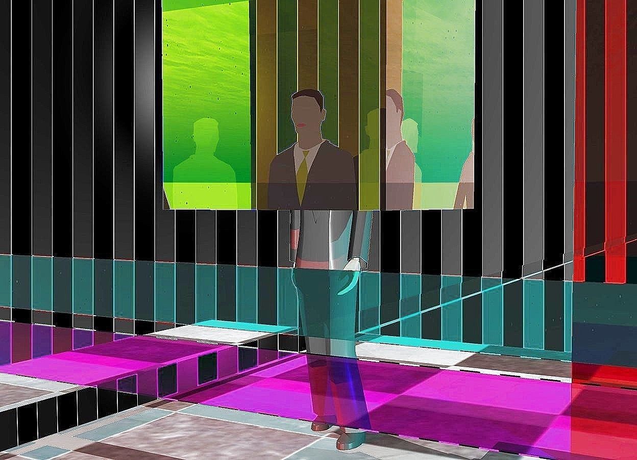 Input text: The design  backdrop.  the man. 

a magenta glass slab is one foot in front of the man. it is 1 foot above the invisible ground. 
a cyan glass slab is 3 inches above it.


the slabs are 30 feet wide and 1 foot tall. they are 1 inch deep. 
A very large yellow glass cube is -2 feet above the man.

A maroon glass slab is 1 foot wide and 20 feet tall and 1 inch deep. it is 3 feet right of the man.

A silver slab is 2 feet wide and 200 feet deep. it is 1 inch tall. it is 3 feet left of the man.

the red light is 3 feet in front of the man. the cyan light is 3 feet right of the man.

the man is on the checkerboard floor.