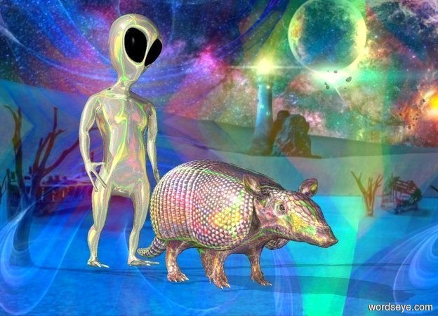 Input text: a shiny animal.fantasy sky.a small shiny alien is behind the animal.the backdrop is [image-12872].the backdrop is shiny.pale shadow plane.