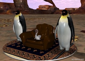 the dodo is sitting in a chair. there is a rug under the chair. two penguins are beside the chair. one penguin is to the left of the chair. one penguin is to the right of the chair.